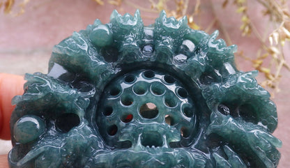Certified Icy Green Burma 100% Natural A Jade jadeite Pendant 9 Dragon Bead Necklace 九龙戏珠 641572  TN