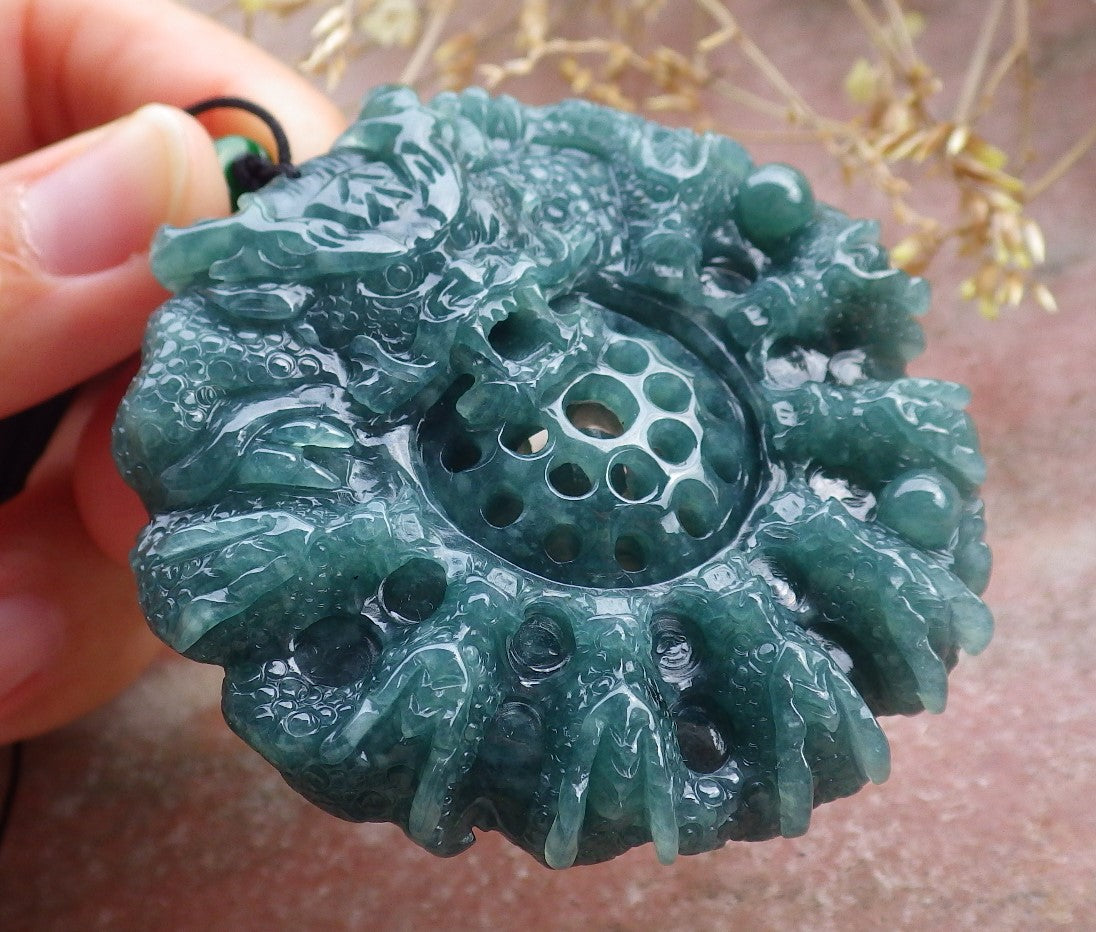 Certified Icy Green Burma 100% Natural A Jade jadeite Pendant 9 Dragon Bead Necklace 九龙戏珠 641572  TN