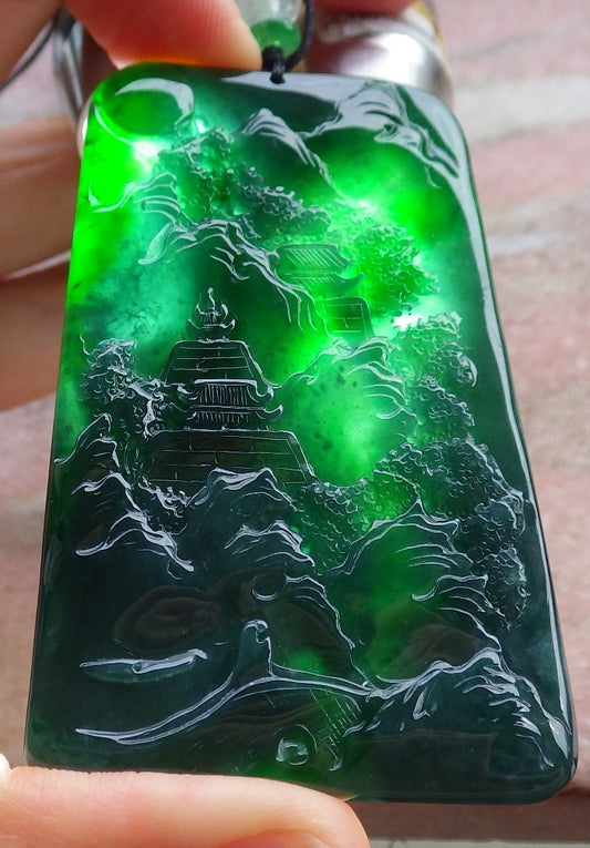 Certified Icy Green Burma 100% Natural A Jade jadeite Landscape painting Tree Necklace Necklace 山水画 641581  TN