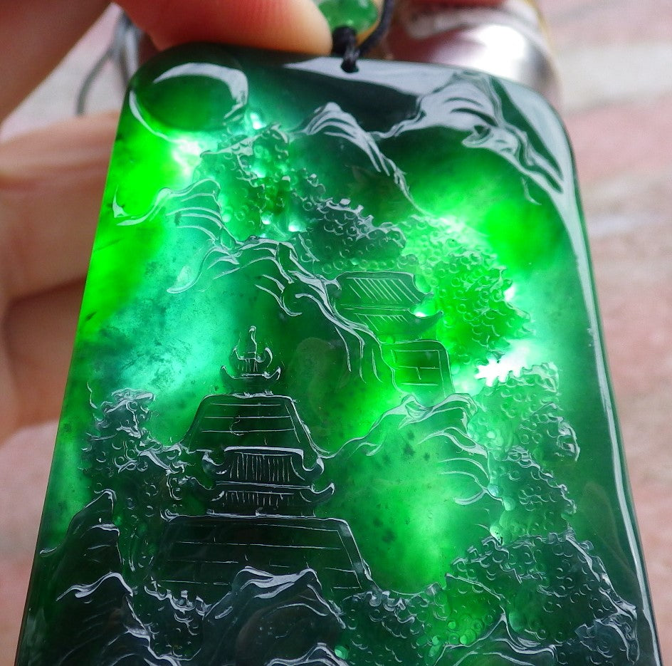 Certified Icy Green Burma 100% Natural A Jade jadeite Landscape painting Tree Necklace Necklace 山水画 641581  TN