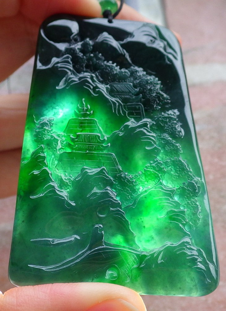 Certified Icy Green Burma 100% Natural A Jade jadeite Landscape painting Tree Necklace Necklace 山水画 641581  TN