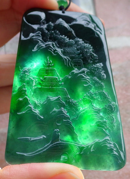 Certified Icy Green Burma 100% Natural A Jade jadeite Landscape painting Tree Necklace Necklace 山水画 641581  TN