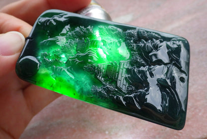 Certified Icy Green Burma 100% Natural A Jade jadeite Landscape painting Tree Necklace Necklace 山水画 641581  TN