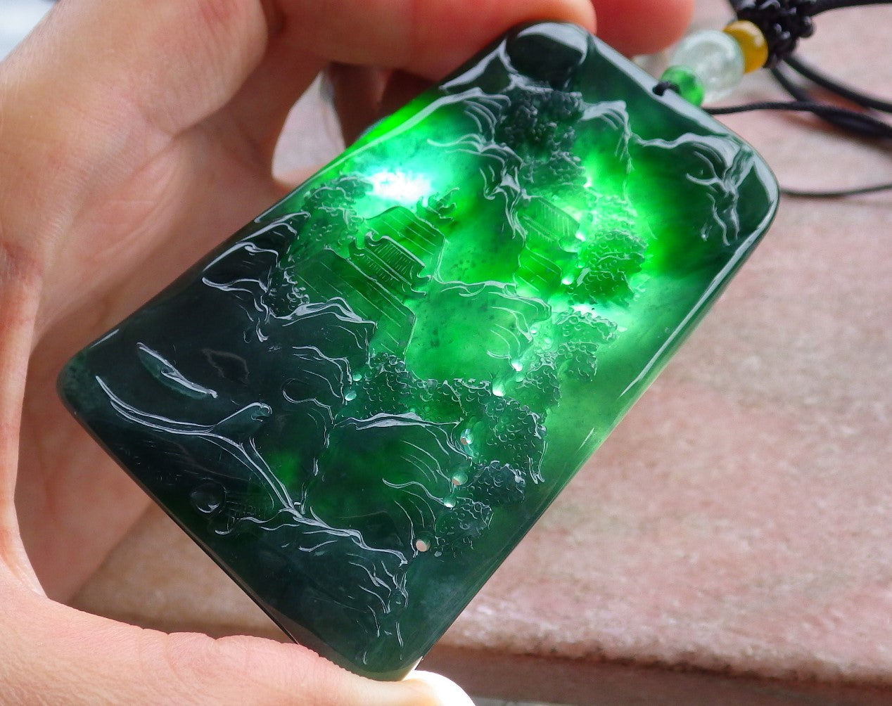Certified Icy Green Burma 100% Natural A Jade jadeite Landscape painting Tree Necklace Necklace 山水画 641581  TN