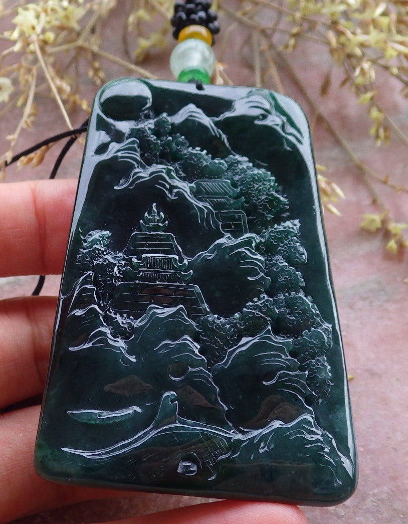 Certified Icy Green Burma 100% Natural A Jade jadeite Landscape painting Tree Necklace Necklace 山水画 641581  TN