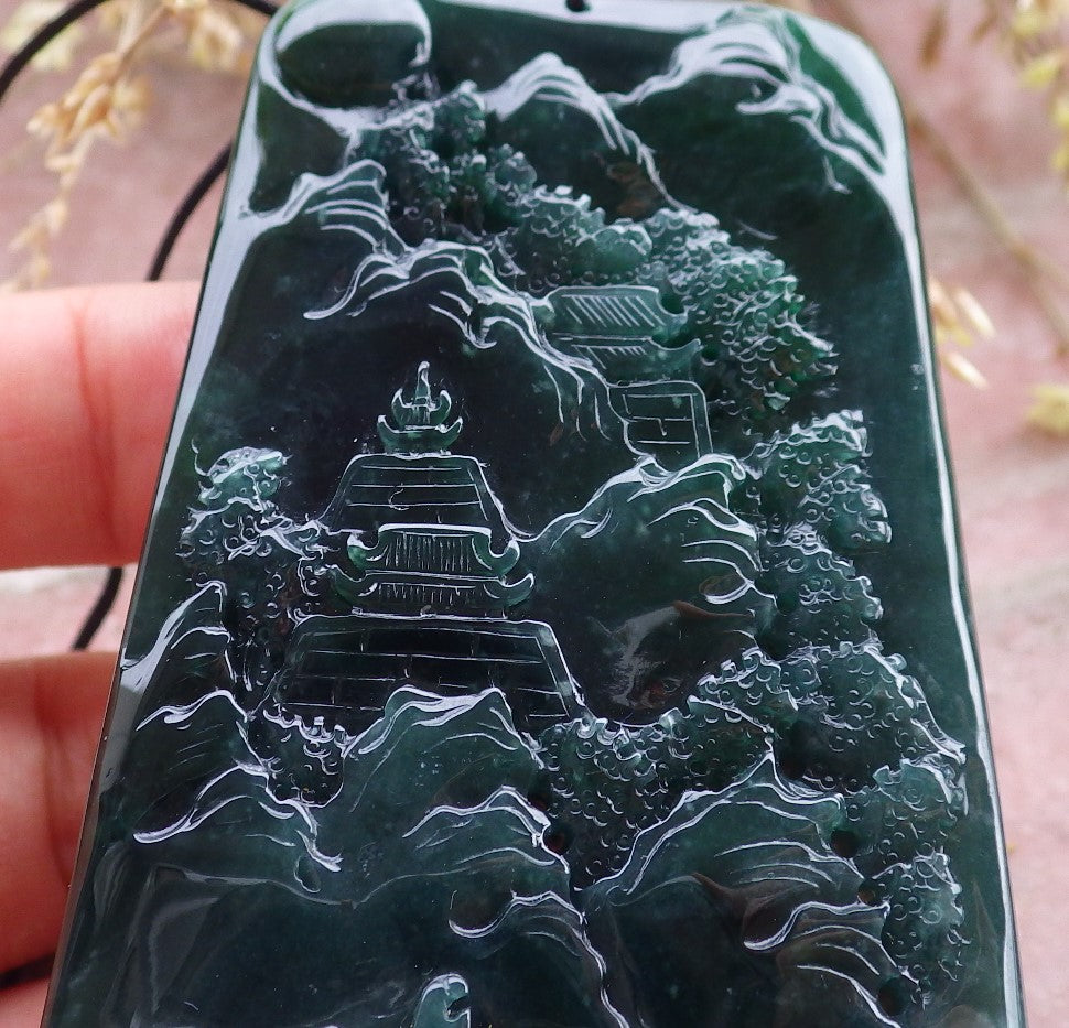 Certified Icy Green Burma 100% Natural A Jade jadeite Landscape painting Tree Necklace Necklace 山水画 641581  TN