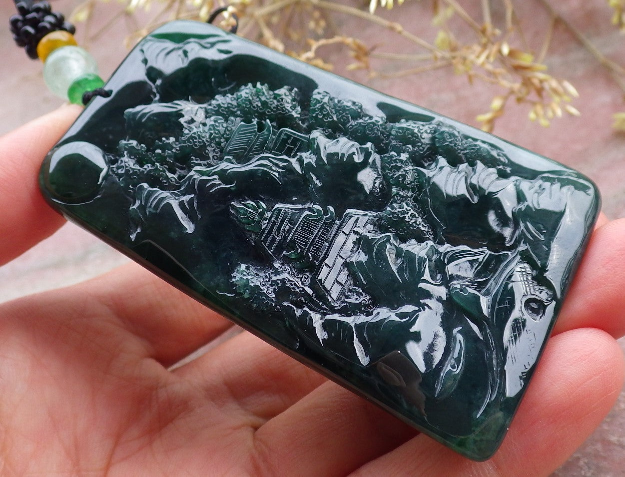 Certified Icy Green Burma 100% Natural A Jade jadeite Landscape painting Tree Necklace Necklace 山水画 641581  TN