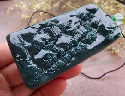 Certified Icy Green Burma 100% Natural A Jade jadeite Landscape painting Tree Necklace Necklace 山水画 641581  TN