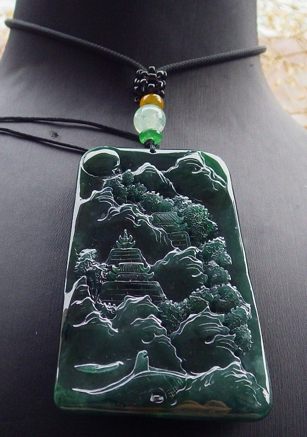 Certified Icy Green Burma 100% Natural A Jade jadeite Landscape painting Tree Necklace Necklace 山水画 641581  TN