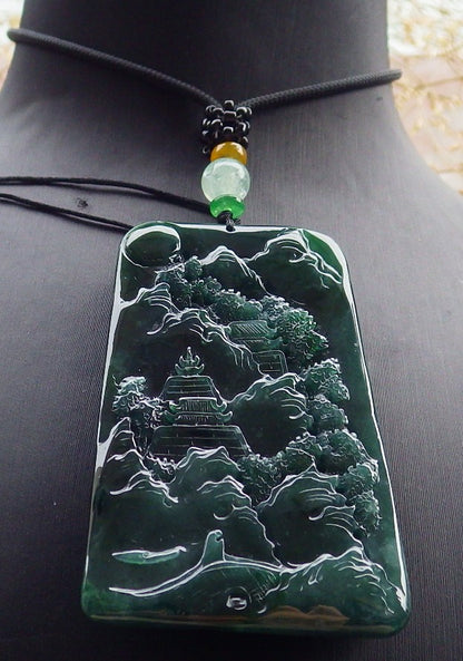 Certified Icy Green Burma 100% Natural A Jade jadeite Landscape painting Tree Necklace Necklace 山水画 641581  TN