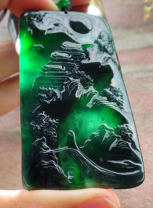 Certified Icy Green Burma 100% Natural A Jade jadeite Landscape painting Tree Necklace Necklace 山水画 641593  TN