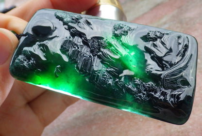 Certified Icy Green Burma 100% Natural A Jade jadeite Landscape painting Tree Necklace Necklace 山水画 641593  TN
