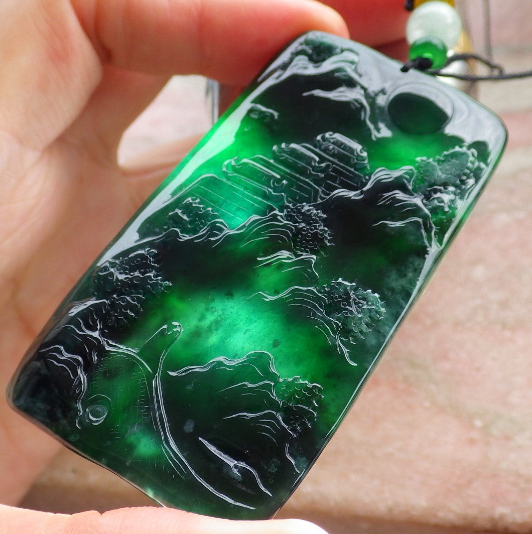Certified Icy Green Burma 100% Natural A Jade jadeite Landscape painting Tree Necklace Necklace 山水画 641593  TN