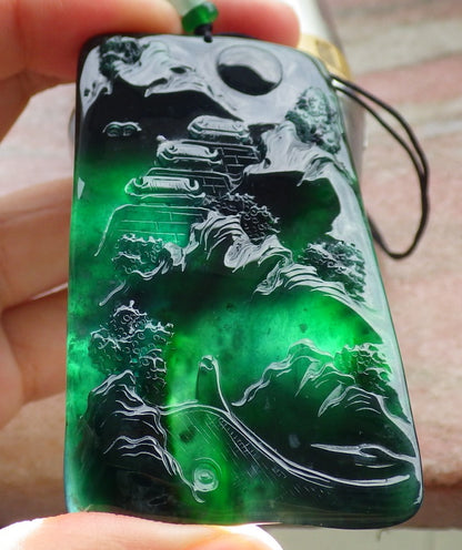 Certified Icy Green Burma 100% Natural A Jade jadeite Landscape painting Tree Necklace Necklace 山水画 641593  TN
