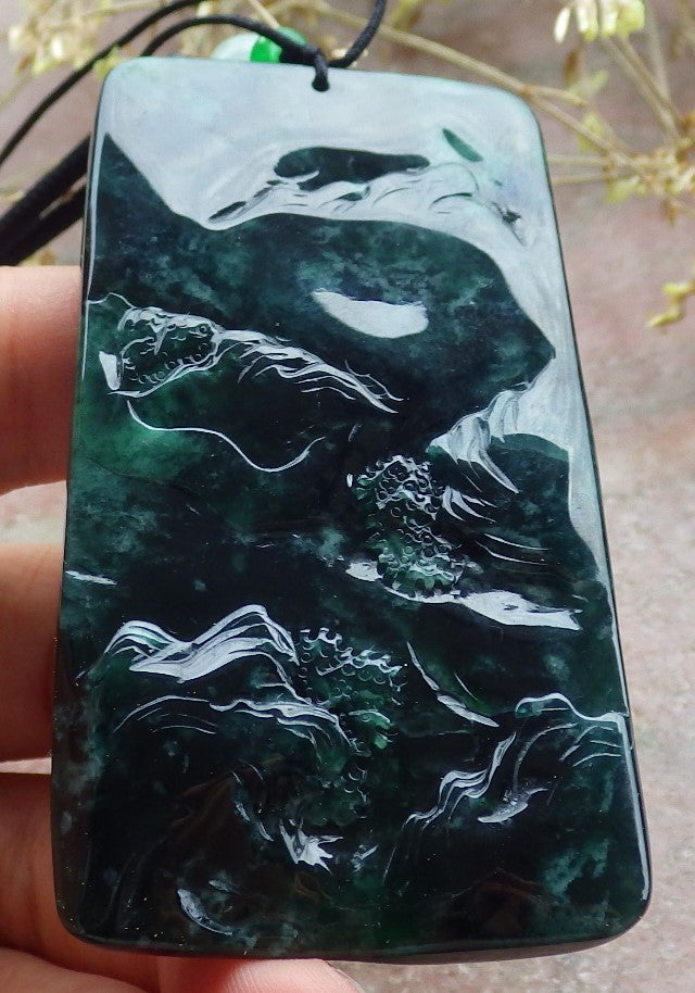 Certified Icy Green Burma 100% Natural A Jade jadeite Landscape painting Tree Necklace Necklace 山水画 641593  TN