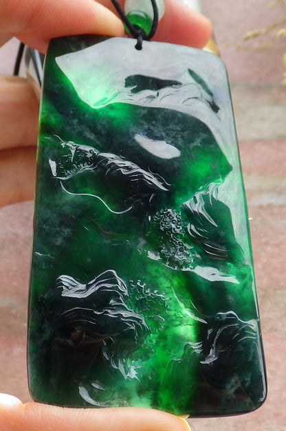 Certified Icy Green Burma 100% Natural A Jade jadeite Landscape painting Tree Necklace Necklace 山水画 641593  TN