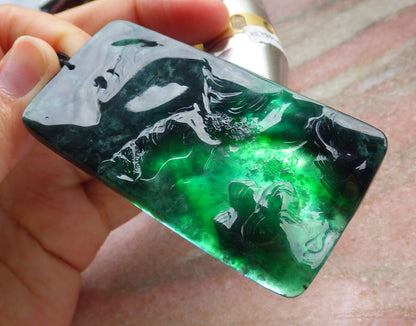 Certified Icy Green Burma 100% Natural A Jade jadeite Landscape painting Tree Necklace Necklace 山水画 641593  TN