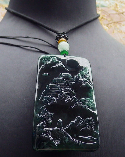 Certified Icy Green Burma 100% Natural A Jade jadeite Landscape painting Tree Necklace Necklace 山水画 641593  TN