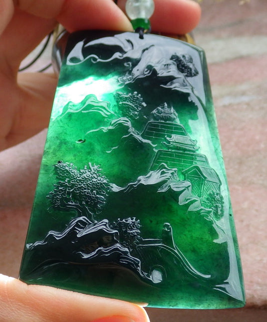 Certified Icy Blue Water Burma 100% Natural A Jade jadeite Pendant Landscape painting Tree Necklace 山水画 641607  TN