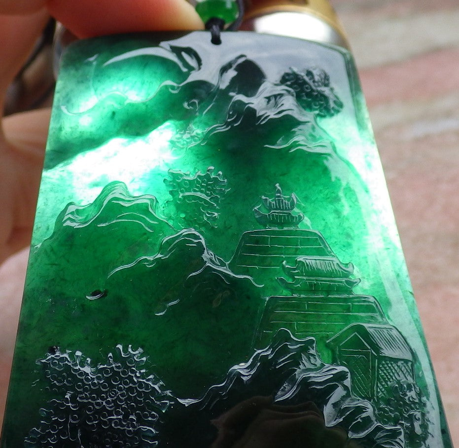 Certified Icy Blue Water Burma 100% Natural A Jade jadeite Pendant Landscape painting Tree Necklace 山水画 641607  TN