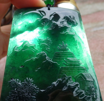 Certified Icy Blue Water Burma 100% Natural A Jade jadeite Pendant Landscape painting Tree Necklace 山水画 641607  TN