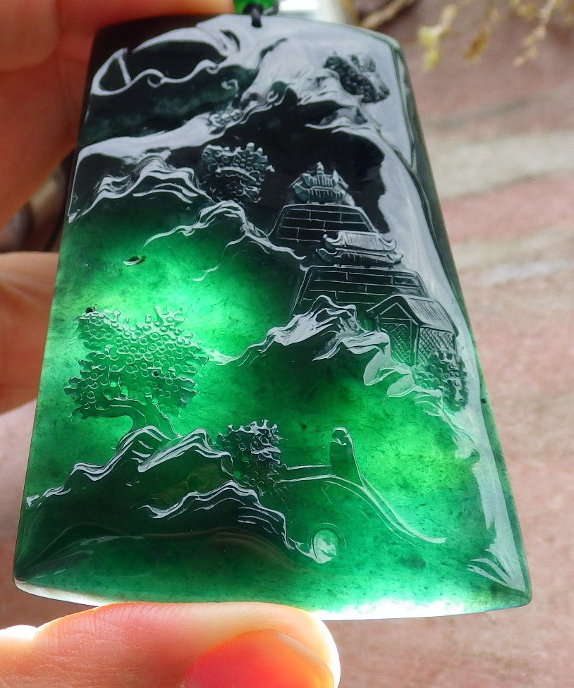 Certified Icy Blue Water Burma 100% Natural A Jade jadeite Pendant Landscape painting Tree Necklace 山水画 641607  TN
