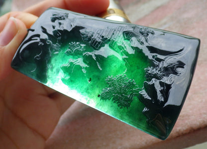 Certified Icy Blue Water Burma 100% Natural A Jade jadeite Pendant Landscape painting Tree Necklace 山水画 641607  TN