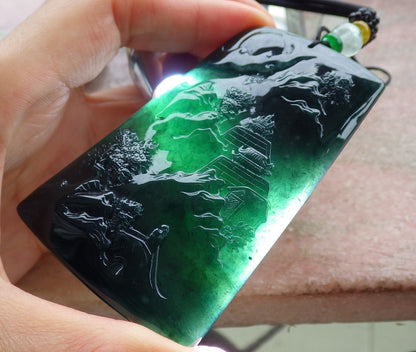 Certified Icy Blue Water Burma 100% Natural A Jade jadeite Pendant Landscape painting Tree Necklace 山水画 641607  TN