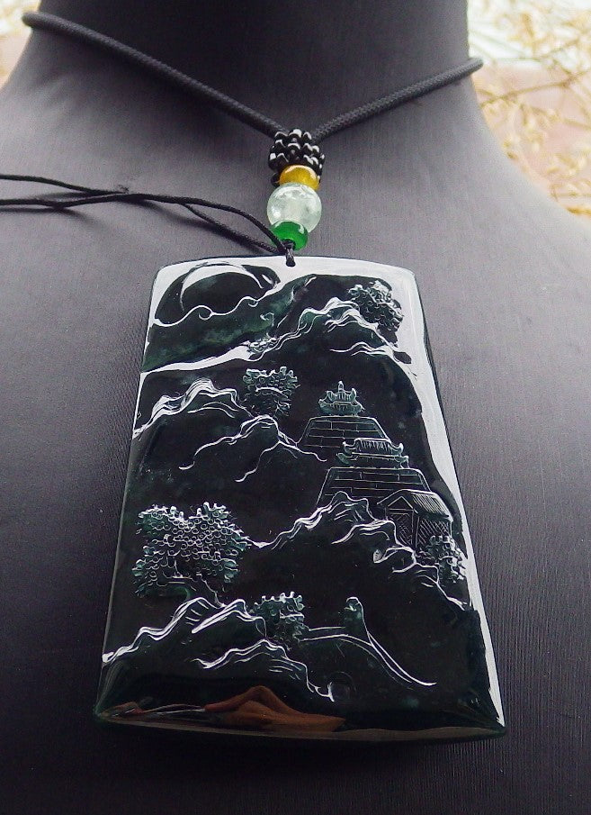 Certified Icy Blue Water Burma 100% Natural A Jade jadeite Pendant Landscape painting Tree Necklace 山水画 641607  TN
