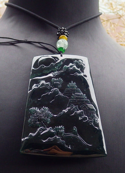 Certified Icy Blue Water Burma 100% Natural A Jade jadeite Pendant Landscape painting Tree Necklace 山水画 641607  TN