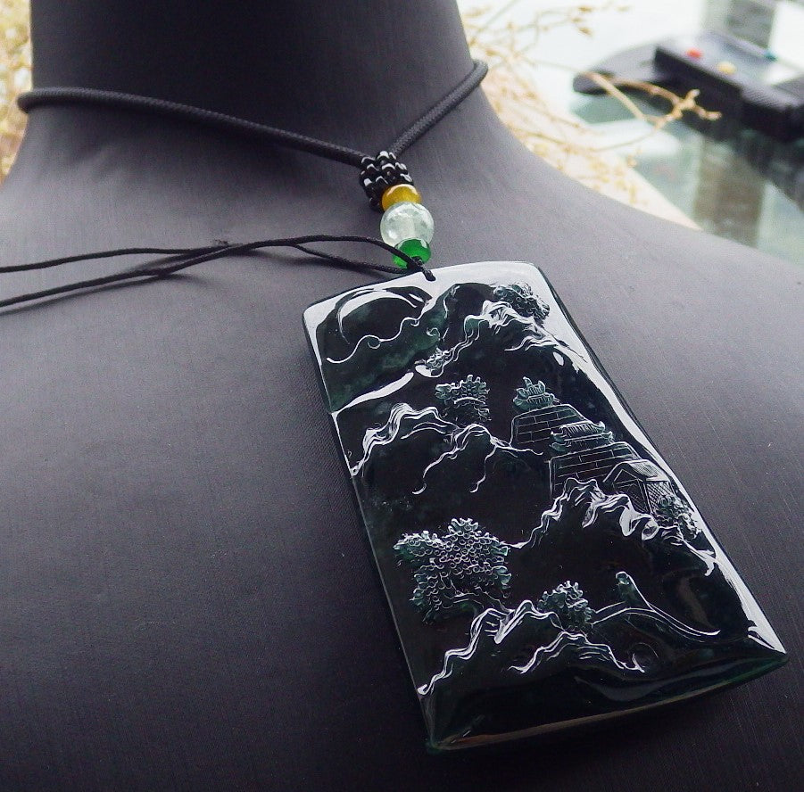 Certified Icy Blue Water Burma 100% Natural A Jade jadeite Pendant Landscape painting Tree Necklace 山水画 641607  TN