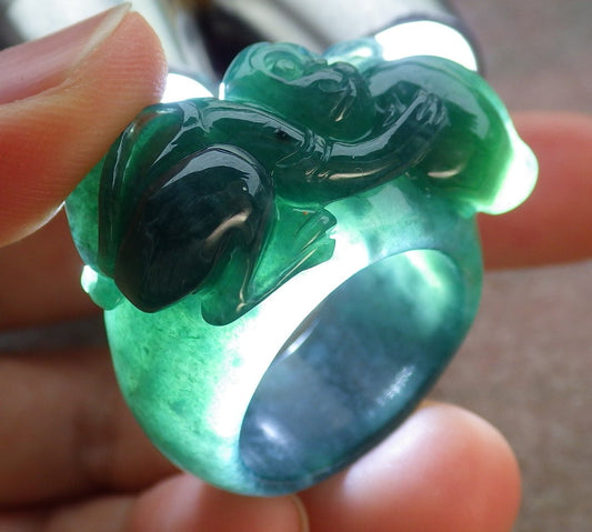 Certified Icy Green Burma 100% Natural A JADE Jadeite Monkey Peach RING USA. 10 戒指 641616  TN