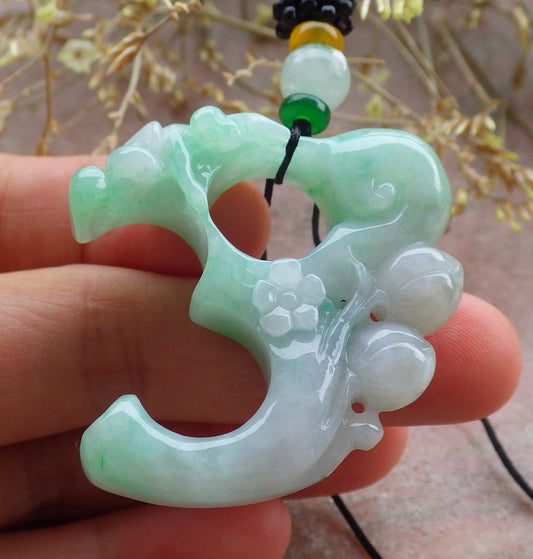 Certified Green Burma 100% Natural A Jade jadeite Pendant Monkey Peach Flower Necklace 猴子 641651  TN