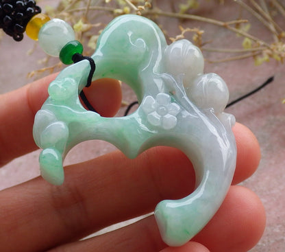 Certified Green Burma 100% Natural A Jade jadeite Pendant Monkey Peach Flower Necklace 猴子 641651  TN