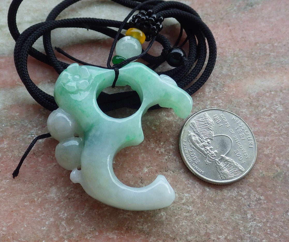 Certified Green Burma 100% Natural A Jade jadeite Pendant Monkey Peach Flower Necklace 猴子 641651  TN