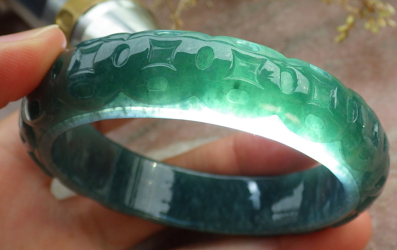 Certified Icy Green Burma 100% Natural A JADE Jadeite Money Coin Bangle Bracelet 57 mm 手镯 641661  TN