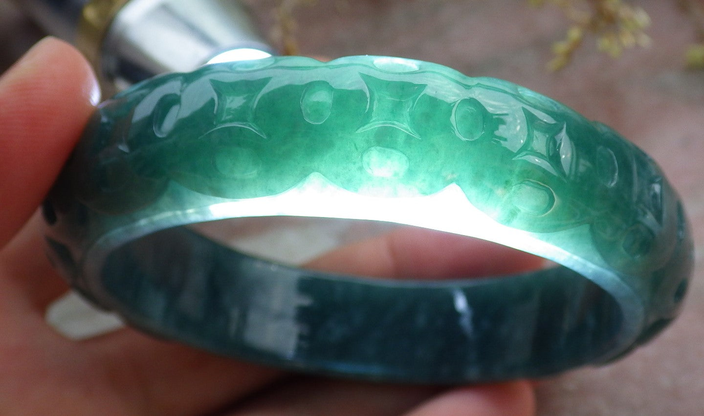 Certified Icy Green Burma 100% Natural A JADE Jadeite Money Coin Bangle Bracelet 57 mm 手镯 641661  TN