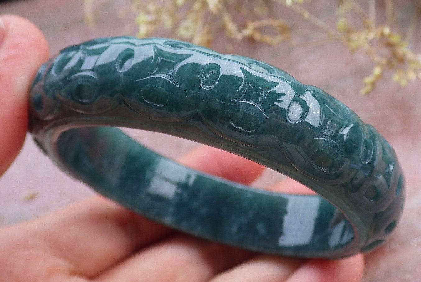 Certified Icy Green Burma 100% Natural A JADE Jadeite Money Coin Bangle Bracelet 57 mm 手镯 641661  TN