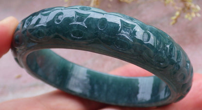 Certified Icy Green Burma 100% Natural A JADE Jadeite Money Coin Bangle Bracelet 57 mm 手镯 641661  TN