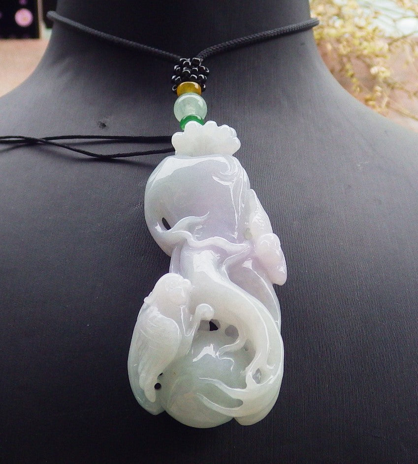 Certified Green Lavender Burma 100% Natural A Jade jadeite Pendant Phoenix Bird Ginseng Necklace 641680  TN
