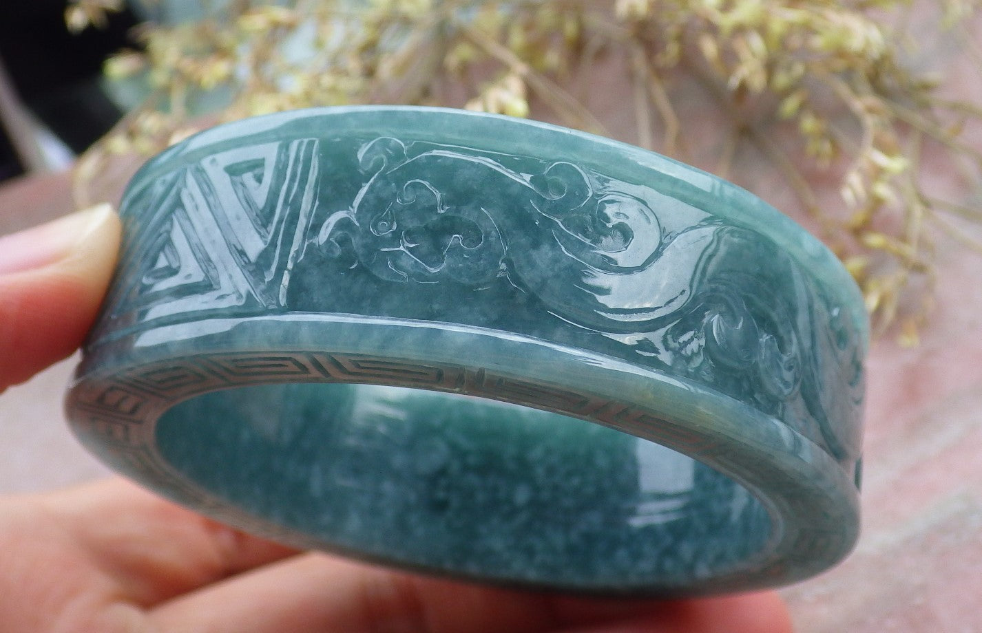 Certified Icy Green Burma 100% Natural A JADE Jadeite Dragon Phoenix Bangle Bracelet 57 mm 手镯 641689  TN