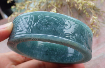 Certified Icy Green Burma 100% Natural A JADE Jadeite Dragon Phoenix Bangle Bracelet 57 mm 手镯 641689  TN