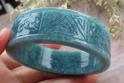 Certified Icy Green Burma 100% Natural A JADE Jadeite Dragon Phoenix Bangle Bracelet 57 mm 手镯 641689  TN