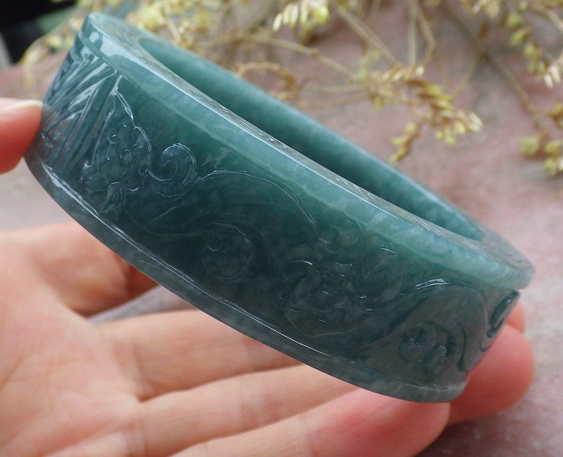 Certified Icy Green Burma 100% Natural A JADE Jadeite Dragon Phoenix Bangle Bracelet 57 mm 手镯 641689  TN
