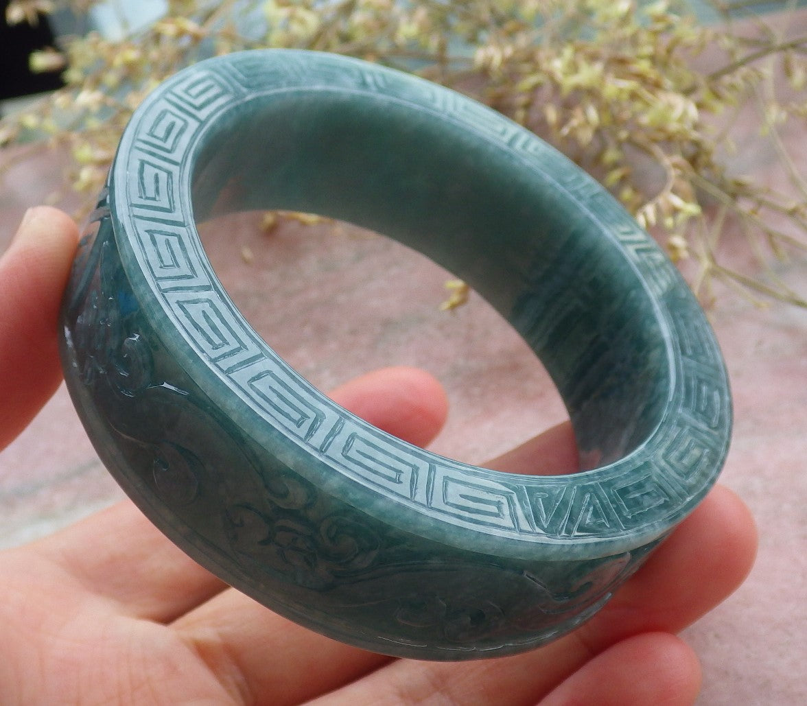 Certified Icy Green Burma 100% Natural A JADE Jadeite Dragon Phoenix Bangle Bracelet 57 mm 手镯 641689  TN