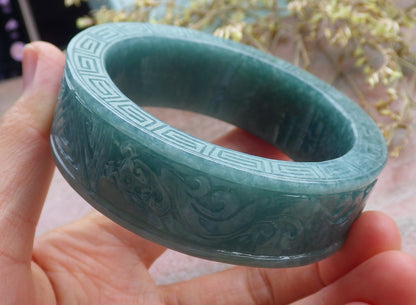 Certified Icy Green Burma 100% Natural A JADE Jadeite Dragon Phoenix Bangle Bracelet 57 mm 手镯 641689  TN