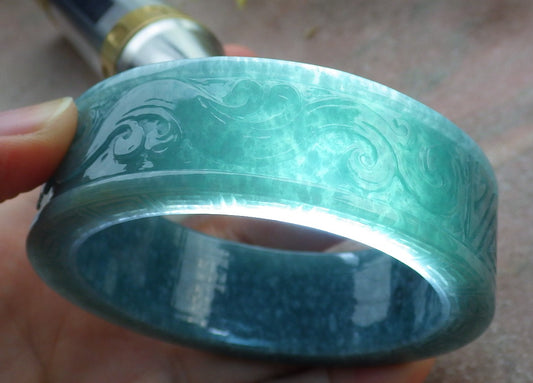 Certified Icy Green Burma 100% Natural A JADE Jadeite Dragon Phoenix Bangle Bracelet 57 mm 手镯 641689  TN