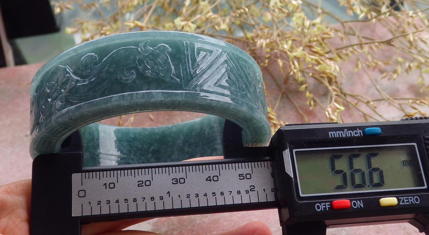 Certified Icy Green Burma 100% Natural A JADE Jadeite Dragon Phoenix Bangle Bracelet 57 mm 手镯 641689  TN