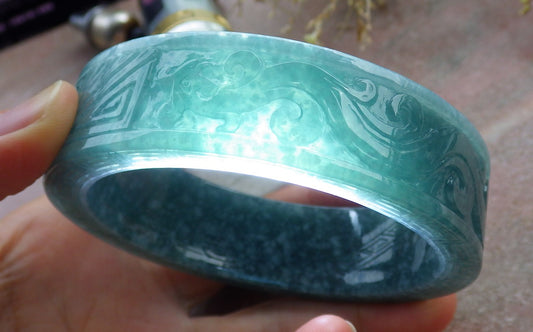Certified Icy Green Burma 100% Natural A JADE Jadeite Dragon Phoenix Bangle Bracelet 65 mm 手镯 641714  TN