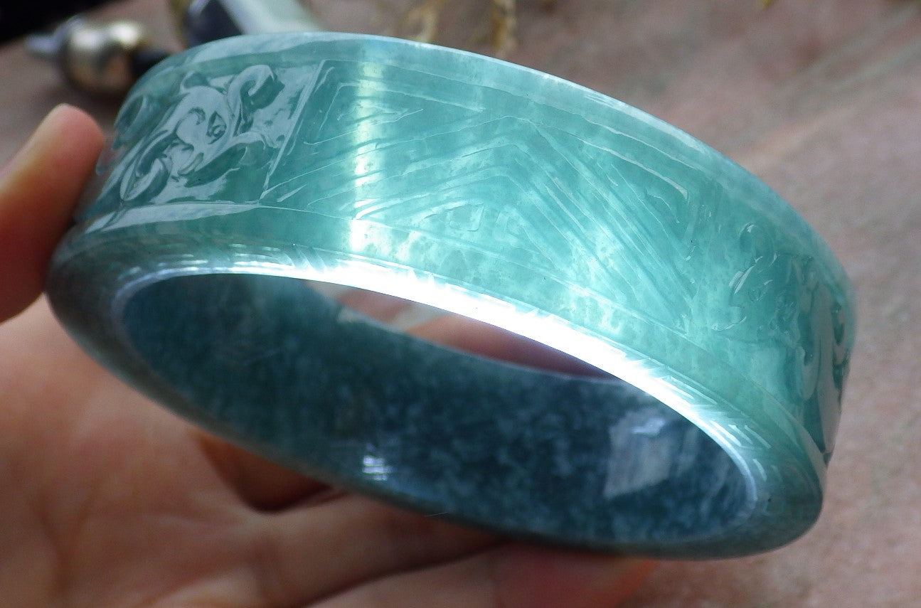 Certified Icy Green Burma 100% Natural A JADE Jadeite Dragon Phoenix Bangle Bracelet 65 mm 手镯 641714  TN